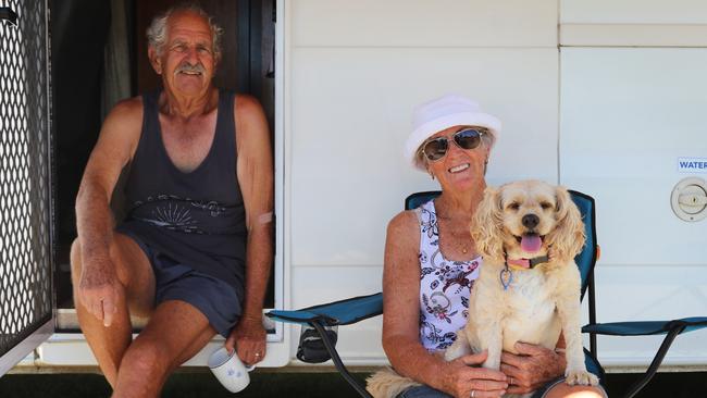 Brian and Pat Riddle, with their dog Holly at Moree Showgrounds, are ready to go home to Mackay after 15 weeks camped out in northern NSW. Picture: Sascha Estens