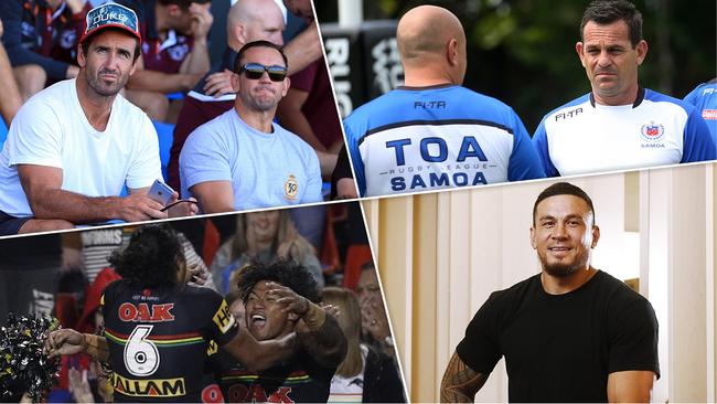 (Clockwise from top left) Andrew and Matthew Johns, current Samoa coach Matt Parish, Sonny Bill Williams, and Penrith's Samoan connection of Jarome Luai and Brian To'o.