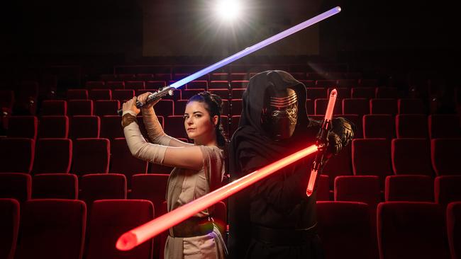 JusZ Cosplay as Rey and Tristan Willes as Kylo Ren at Piccadilly Cinema, North Adelaide. (Instagram: juszcosplay / themetalninja. Picture: Brad Fleet