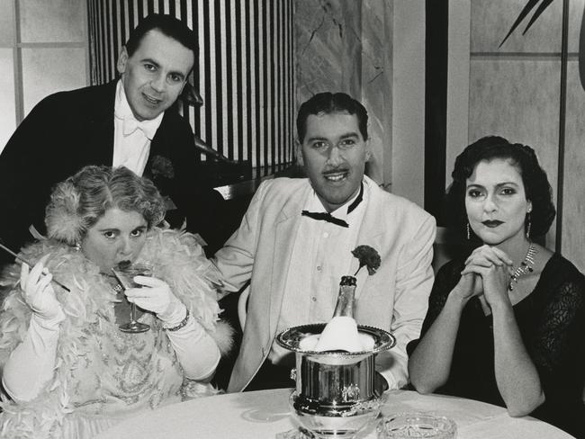 Steve Vizard (in white jacket) in a Tonight Live skit. L-R: Magda Szubanski, Michael Veitch and Marg Downey. Picture: Supplied