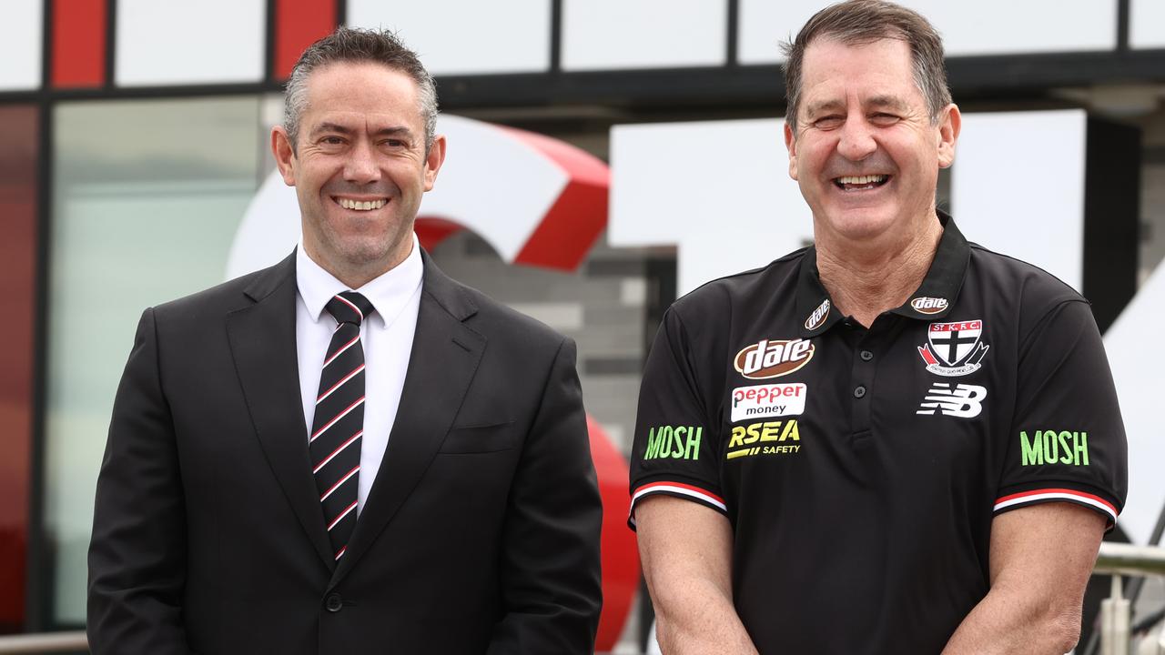 Former St Kilda CEO Simon Lethlean pictured with coach Ross Lyon at the announcement of Lyon’s return as Saints coach. Picture by Michael Klein