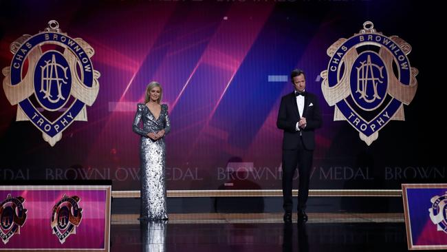 Brownlow Medal presenters Jacqui Felgate and Hamish Mclachlan during the count at NEP Studios Southbank. Picture: Getty Images