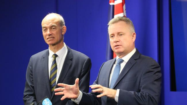 Minister for Energy and Renewables Guy Barnett and Premier Jeremy Rockliff speak to the media at the Executive Building in Hobart on Friday, August 4, 2023.