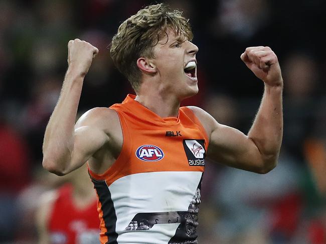 Giants Lachie Whitfield celebrates 4th quarter goal during AFL match GWS Giants v Sydney Swans at Spotless Stadium. Picture. Phil Hillyard