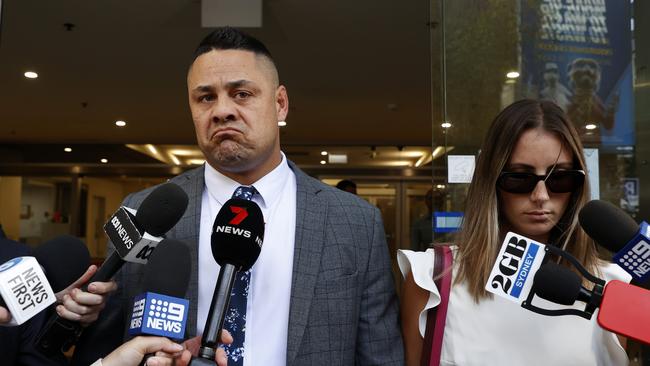 Jarryd Hayne has been found guilty, pictured with his wife Amellia Bonnici leaving the District Court in Sydney. Picture: Jonathan Ng