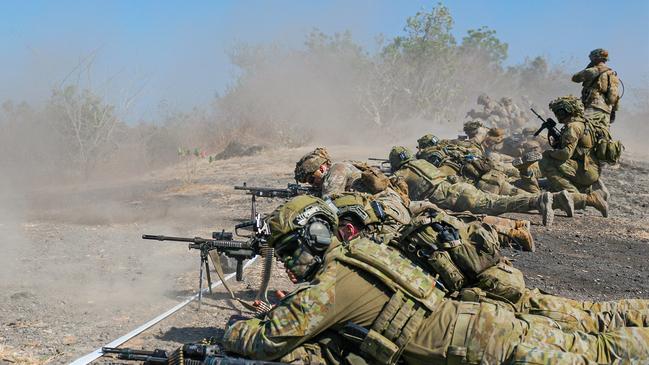 Soldiers from the 10th/27th Battalion, Royal South Australia Regiment conduct a live fire attack with US Army soldiers in Puslatpur, Indonesia, during Exercise Super Garuda Shield 2023. Photo: Defence