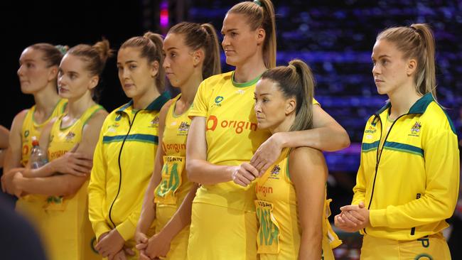 Australian players from right: Kim Jenner, Caitlin Bassett and Verity Charles. Picture: Peter Meecham/Getty Images