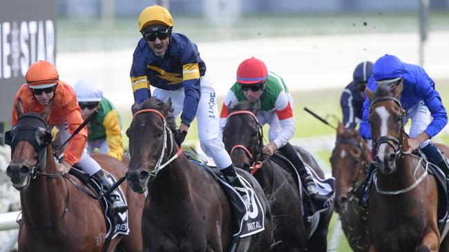 Glen Boss gave Brutal the perfect ride in the Doncaster Mile. Picture: AAP 