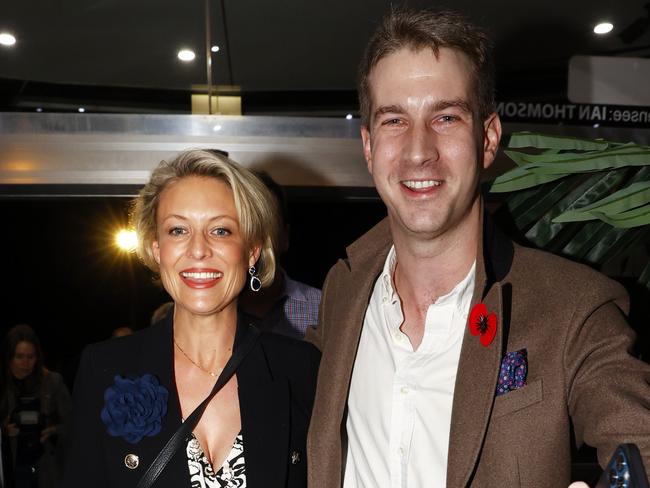 Katherine Deves arriving at Forestville RSL on Friday evening, with a Liberal Party minder, for a “politics in the pub” appearance. Picture: Richard Dobson