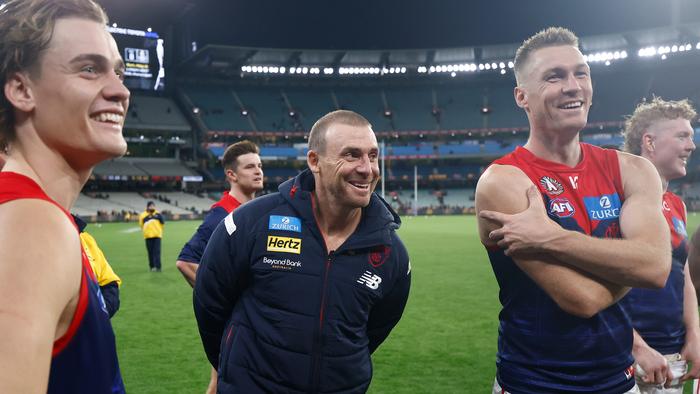 MELBOURNE, AUSTRALIA - APRIL 24: Simon Goodwin, Senior Coach of the Demons smiles during the 2024 AFL Round 07 match between the Richmond Tigers and the Melbourne Demons at the Melbourne Cricket Ground on April 24, 2024 in Melbourne, Australia. (Photo by Michael Willson/AFL Photos via Getty Images)