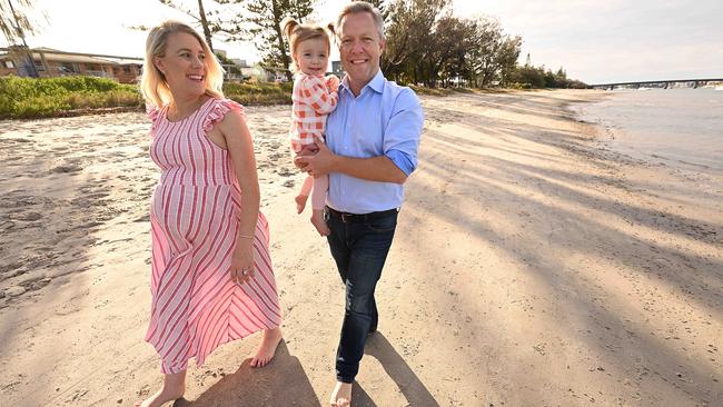 Incoming LNP member for Fadden, Cameron Caldwell, with wife Lauren and Clementine on Sunday. Picture: Lyndon Mechielsen