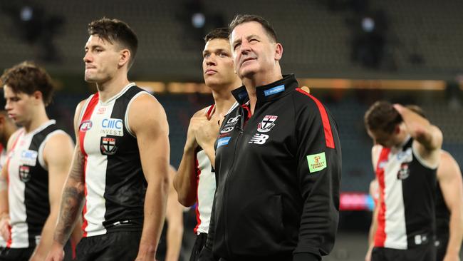 MELBOURNE, AUSTRALIA - APRIL 18: Ross Lyon, Senior Coach of the Saints looks on after the Saints were defeated by the Bulldogs during the round six AFL match between St Kilda Saints and Western Bulldogs at Marvel Stadium, on April 18, 2024, in Melbourne, Australia. (Photo by Robert Cianflone/Getty Images)