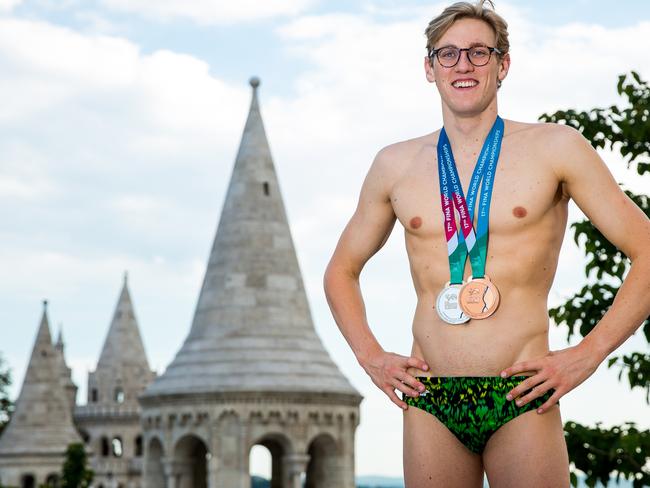 Mack Horton Olympic champion Mack Horton with his silver medal from the 400m freestyle at this year's world championships in Budapest. Picture: Supplied