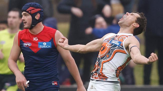 ALICE SPRINGS, AUSTRALIA - JULY 02: Josh Kelly of the Giants celebrates a goal during the 2023 AFL Round 16 match between the Melbourne Demons and the GWS Giants at TIO Traeger Park on July 2, 2023 in Alice Springs, Australia. (Photo by Michael Willson/AFL Photos via Getty Images)