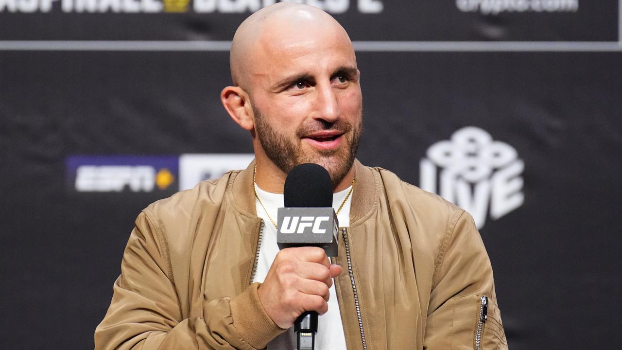 MANCHESTER, ENGLAND – JULY 26: Alexander Volkanovski is seen on stage during a Q&amp;A session prior to the UFC 304 ceremonial weigh-in at Co-op Live on July 26, 2024 in Manchester, England. (Photo by Chris Unger/Zuffa LLC via Getty Images)