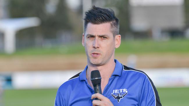 Unley coach Kane Stewart speaking after the side lost the 2019 division two grand final. Picture: Brenton Edwards