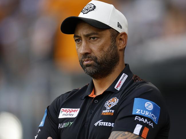 SYDNEY, AUSTRALIA - APRIL 21:  Benji Marshall, head coach of the Wests Tigers looks on before the round seven NRL match between the Wests Tigers and Parramatta Eels at CommBank Stadium on April 21, 2025, in Sydney, Australia. (Photo by Darrian Traynor/Getty Images)
