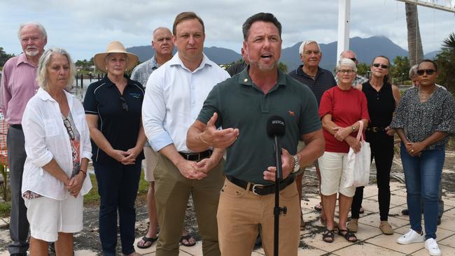 Queensland Premier Steven Miles, Hinchinbrook MP Nick Dametto and residents of the beleaguered Port Hinchinbrook development project in August. Mr Dametto says he has secured around $20 million toward normalisation of the vital Cardwell development. Picture: Cameron Bates