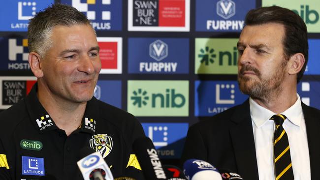 MELBOURNE, AUSTRALIA - SEPTEMBER 22: Adem Yze speaks to the media during a Richmond Tigers AFL press conference at Punt Road Oval on September 22, 2023 in Melbourne, Australia. (Photo by Darrian Traynor/Getty Images)