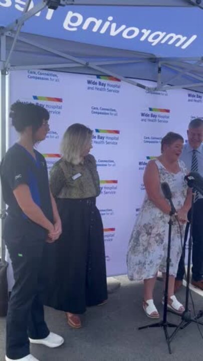 Stroke survivor Kerrie Pollington speaking outside Hervey Bay hospital.