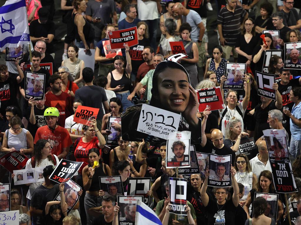 Relatives and supporters of Israelis taken hostage by Palestinian militants call for their release in Tel Aviv. Picture: AFP