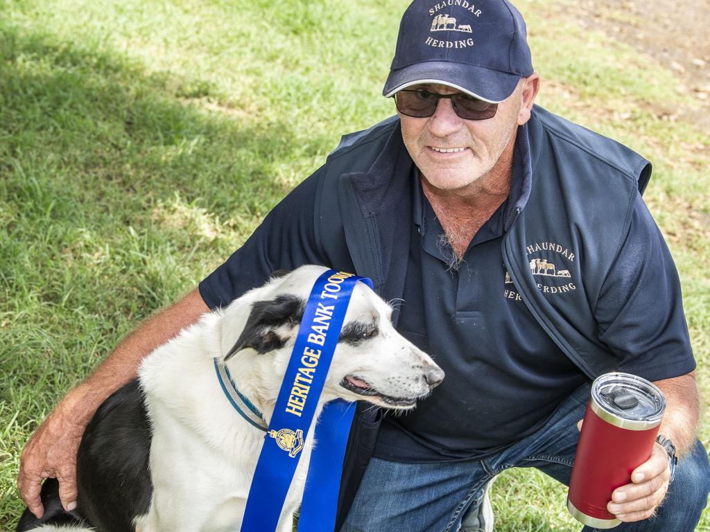 Dale Formosa with Shaundar Lately after they won the Open 3 sheep trial on day 3 of the Toowoomba Royal Show. Sunday, March 27, 2022. Picture: Nev Madsen.