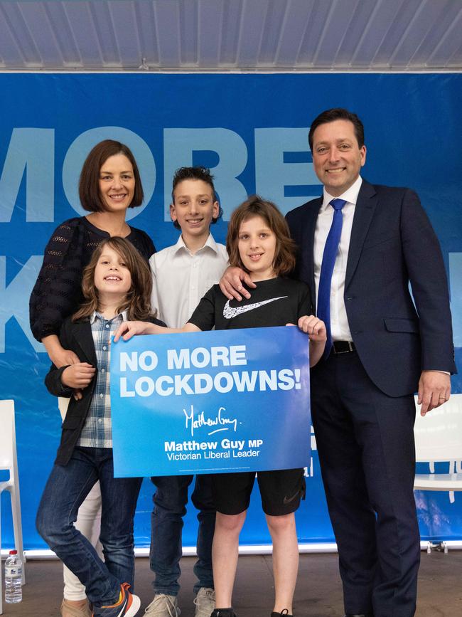 Matthew Guy, with his family, wife, Renae and sons, Joey, 13, Sam 11 and Alex, 8, in 2022. Picture: NCA NewsWire/Sarah Matray