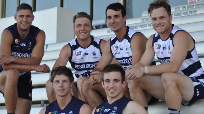 South Adelaide 2019 co-captains Matt Rose (front left) with Joel Cross (right) and the leadership group. Picture - Supplied