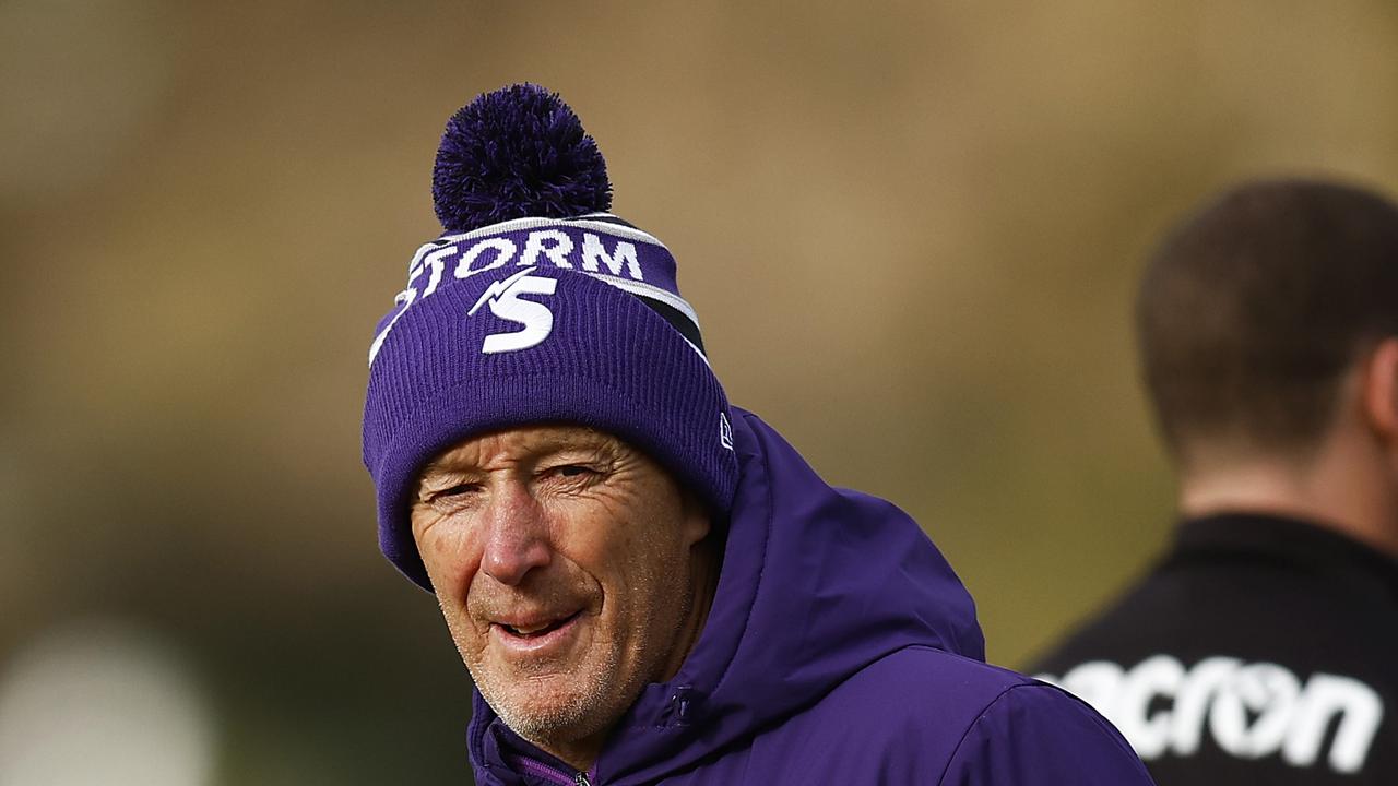 MELBOURNE, AUSTRALIA - JUNE 14: Storm head coach Craig Bellamy looks on during a Melbourne Storm NRL training session at Gosch's Paddock on June 14, 2022 in Melbourne, Australia. (Photo by Daniel Pockett/Getty Images)