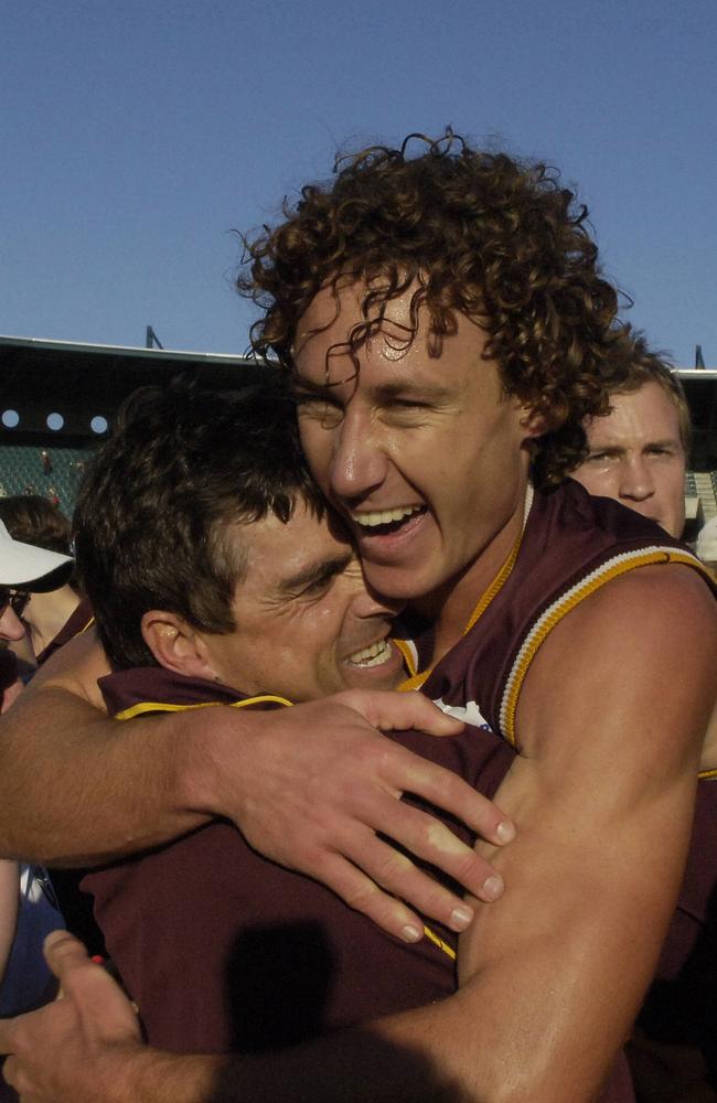 Peter German and Matt Priddis celebrate the Subiaco Lions’ win in the 2006 WAFL Grand Final. Picture: Tony McDonough