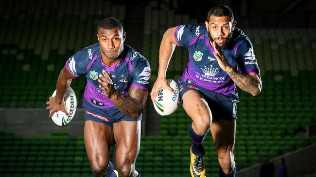 Melbourne Storm's flying wingers Suliasi Vunivalu and Josh Addo-Carr ahead of this week's NRL Grand Final. Picture: Mark Stewart