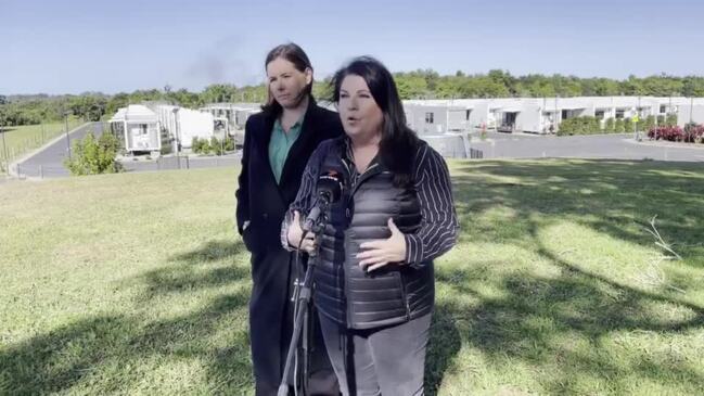 Ballina MP Tamara Smith and Cr Kiri Dicker speak at the Wollongbar pod village.