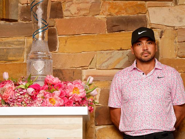 MCKINNEY, TEXAS - MAY 14: Jason Day of Australia is presented with the trophy after winning the AT&T Byron Nelson at TPC Craig Ranch on May 14, 2023 in McKinney, Texas.   Mike Mulholland/Getty Images/AFP (Photo by Mike Mulholland / GETTY IMAGES NORTH AMERICA / Getty Images via AFP)