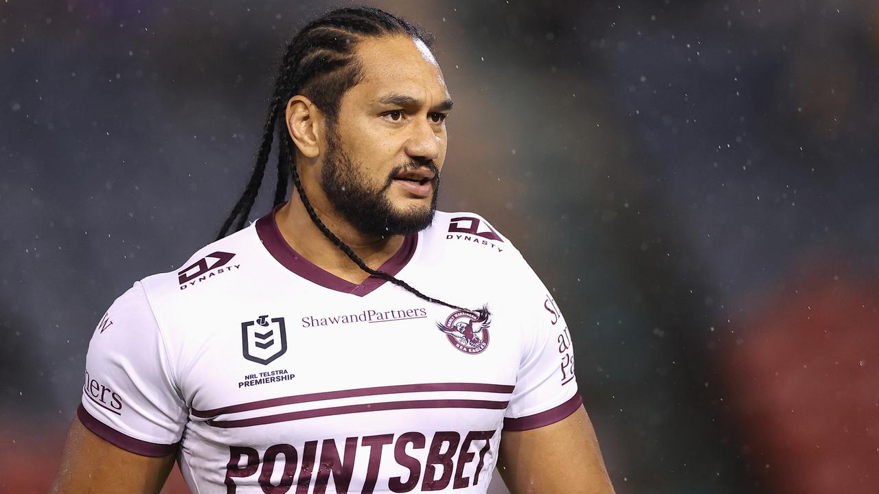 NEWCASTLE, AUSTRALIA - APRIL 07: Martin Taupau of the Sea Eagles warms up during the round five NRL match between the Newcastle Knights and the Manly Sea Eagles at McDonald Jones Stadium, on April 07, 2022, in Newcastle, Australia. (Photo by Cameron Spencer/Getty Images)