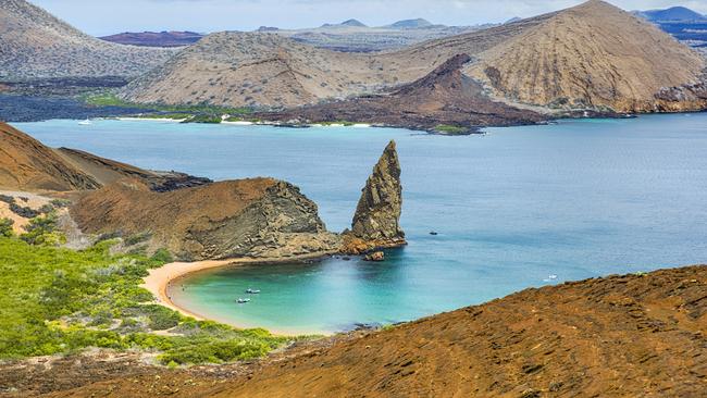 Pinnacle Rock, a famous landmark on the island of Bartolome in the Galapagos.