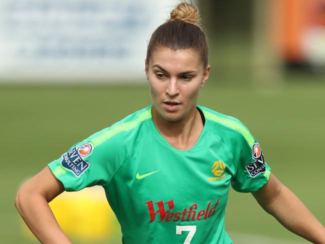 BRISBANE, AUSTRALIA - FEBRUARY 25: Steph Catley kicks during an Australian Matildas training session at Lions FC Stadium on February 25, 2019 in Brisbane, Australia. (Photo by Chris Hyde/Getty Images)