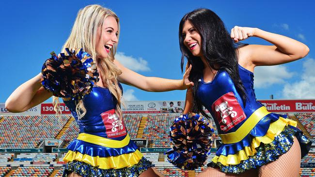 North Queensland Cowboys Spirit cheerleaders LR Georgia Evans 19 and Zahnee Stout 21 will be going against each other in the first round of the NRL Cheerleader of the year competition. Picture: Zak Simmonds