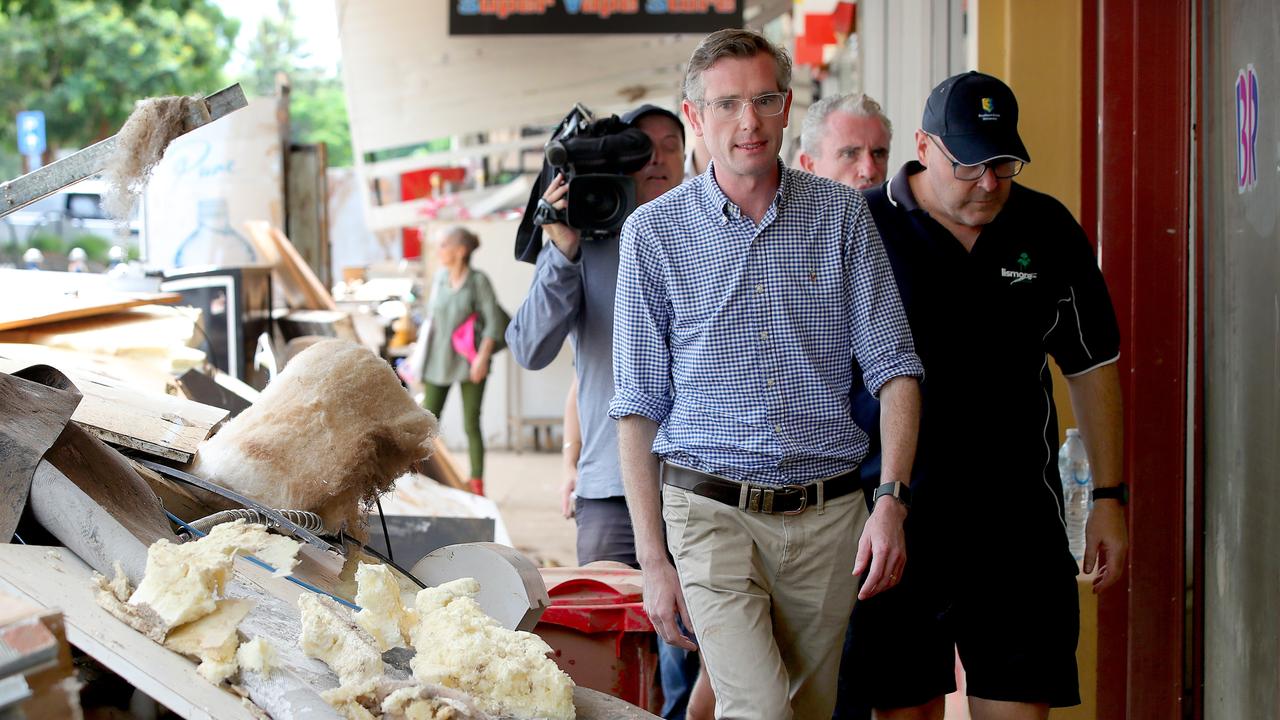 Premier Dominic Perrottet tours the Lismore CBD with mayor Steve Kreig on Sunday to see first hand the devastation that was caused to all of the businesses in the area. Picture: Toby Zerna