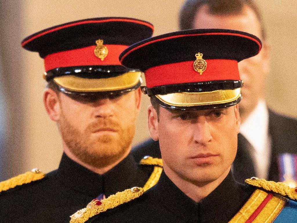 The brothers march during the historic Vigil of the Grandchildren towards the Queen’s coffin at Westminster Hall. Picture: AFP