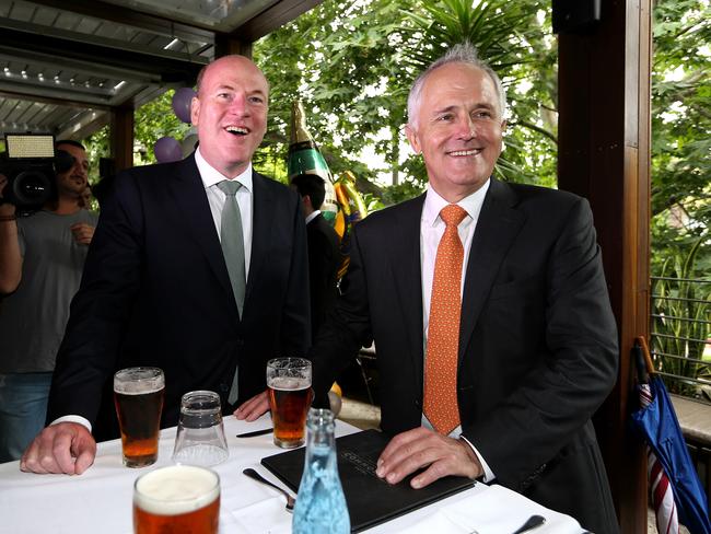 PM Malcolm Turnbull and North Sydney MP Trent Zimmerman watching the Melbourne Cup at the Commodore Hotel last year.