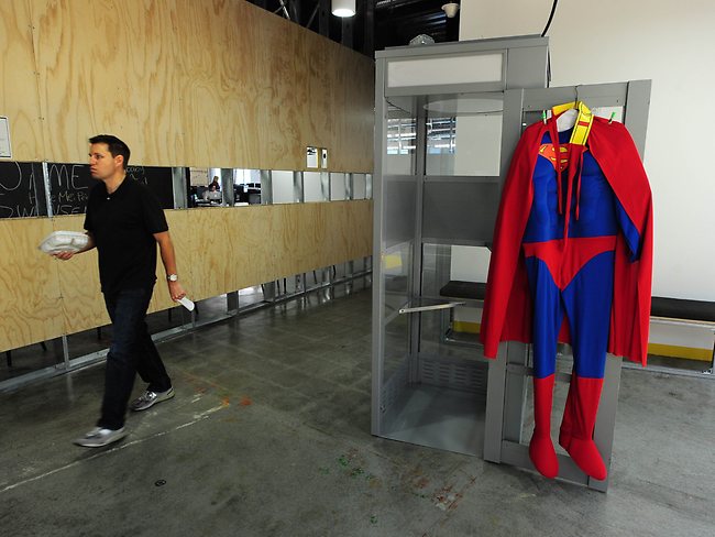 <p>An employee walks past a Superman costume hanging on a phone booth door at the Facebook main campus in Menlo Park, California</p> <p>Picture: AFP</p> <p>Want to know who's going to get rich(er) from the Facebook IPO? Check out the <a href="http://www.news.com.au/business/the-insider-network-facebooks-ipo-and-the-people-getting-rich-off-it/story-e6frfm1i-1226313699540">Insider Network interactive</a></p>