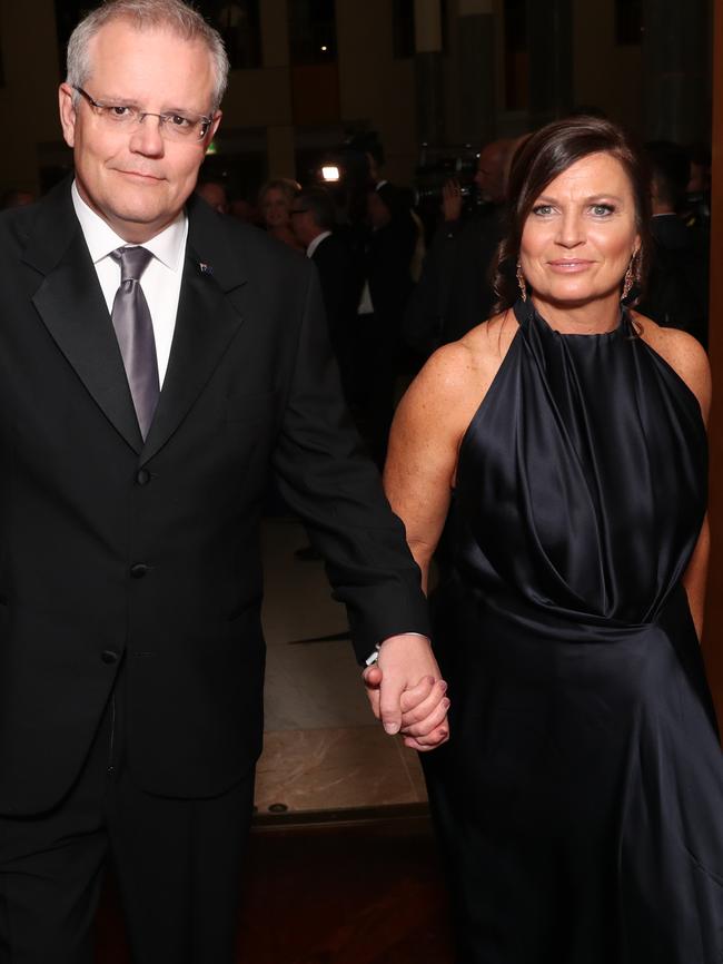 Prime Minister Scott Morrison, with his wife Jennifer, arrive at the mid-winter ball at Parliament House in Canberra. Picture: Gary Ramage