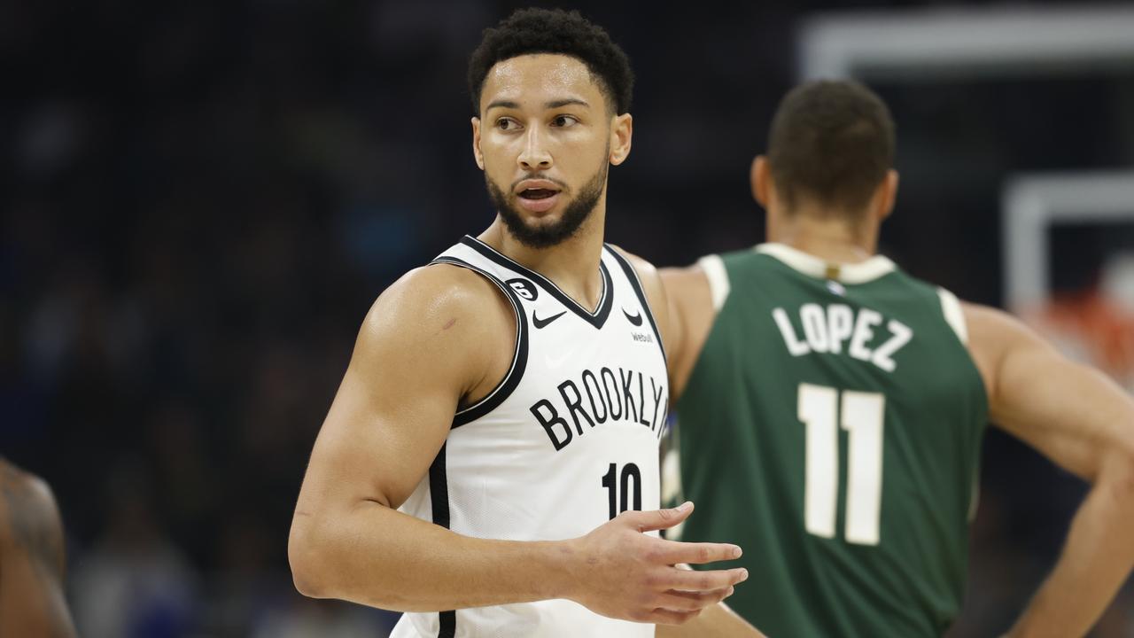 MILWAUKEE, WISCONSIN - OCTOBER 26: Ben Simmons #10 of the Brooklyn Nets reacts after being called for a technical foul during the first half of the game against the Brooklyn Nets at Fiserv Forum on October 26, 2022 in Milwaukee, Wisconsin. NOTE TO USER: User expressly acknowledges and agrees that, by downloading and or using this photograph, User is consenting to the terms and conditions of the Getty Images License Agreement. (Photo by John Fisher/Getty Images)