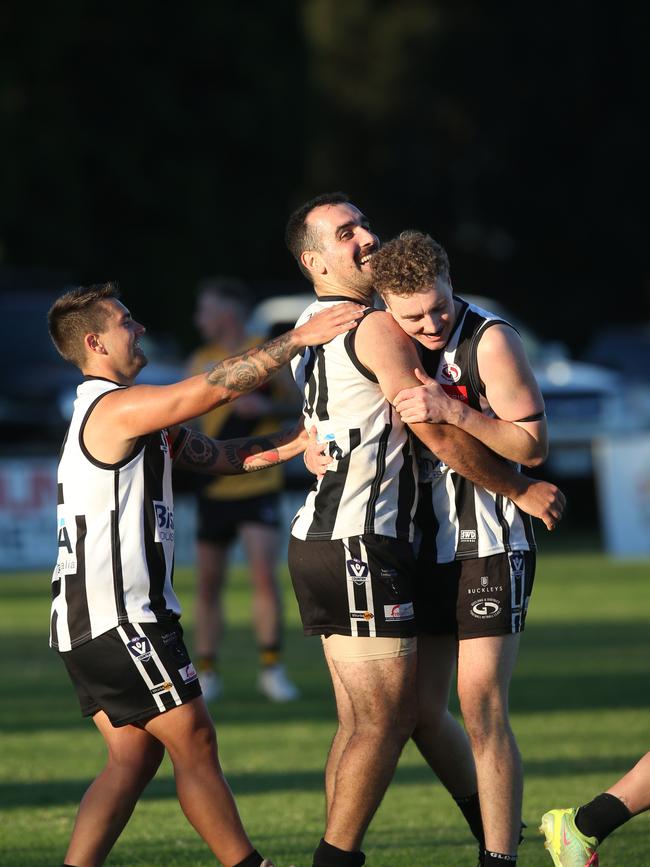 North Geelong's John Fazio (middle) celebrates a goal. GDFNL North Geelong v Bannockburn. Picture: Alan Barber