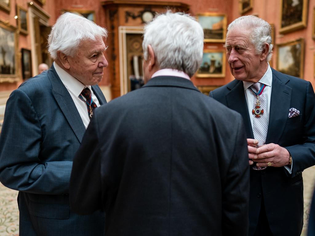 King Charles III talks with Sir David Attenborough (left) during a luncheon for Members of the Order of Merit, at Buckingham Palace on November 24, 2022. Picture: Aaron Chown – WPA/Getty Images