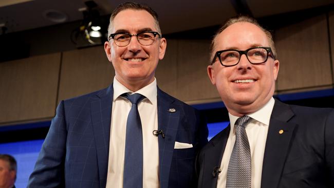 Virgin boss Paul Scurrah, left, with Qantas boss Alan Joyce, who has strongly opposed any prospect of preferential treatment for his rival. Picture: Getty Images