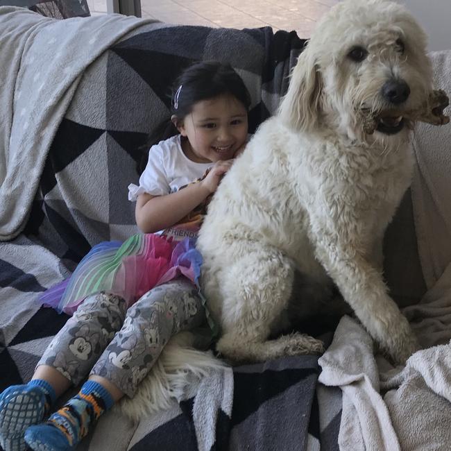 Bella, of Oatley, watching a movie with her pal.