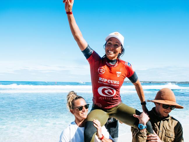 Sally Fitzgibbons (is not ready to wave goodbye to the WSL tour yet. Picture: Cait Miers/World Surf League via Getty Images