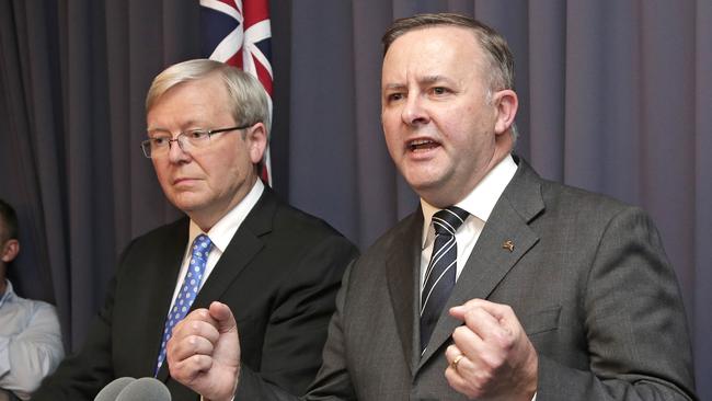 Kevin Rudd, left, and Anthony Albanese in 2013. Picture: AP