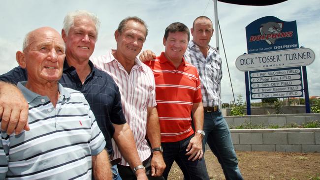 League legends Ken McCrohon, Peter Leis, Tony Obst, Trevor Benson and Troy Lindsay at the naming the Dick "Tosser" Turner playing fields in Redcliffe.